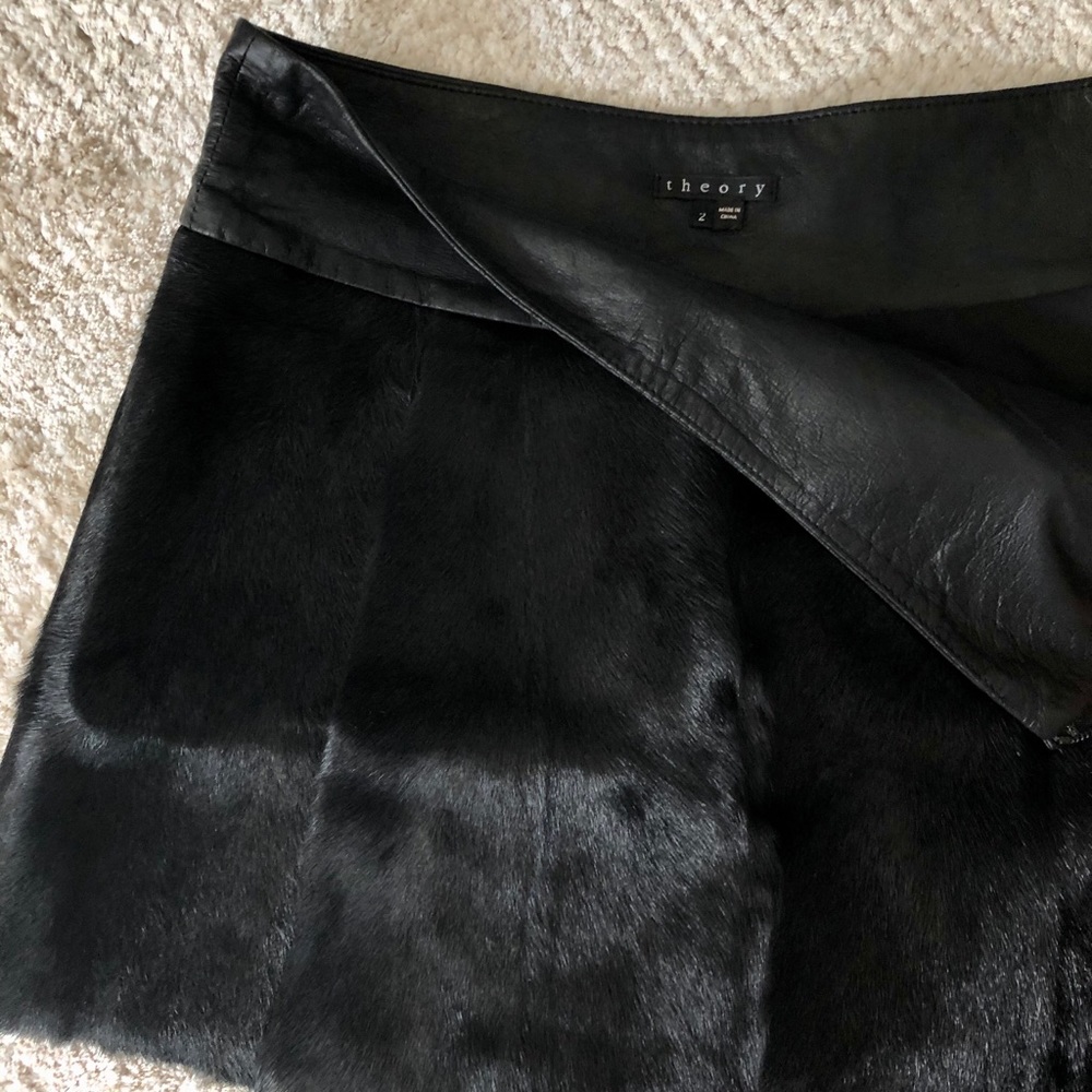 Theory Black Leather and Fur Skirt